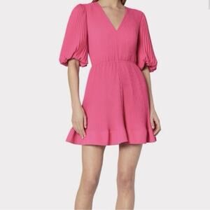 Milly Elle Pleated Mini Dress Hot Pink Size 2 V-Neck Puff Sleeve Party Cocktail